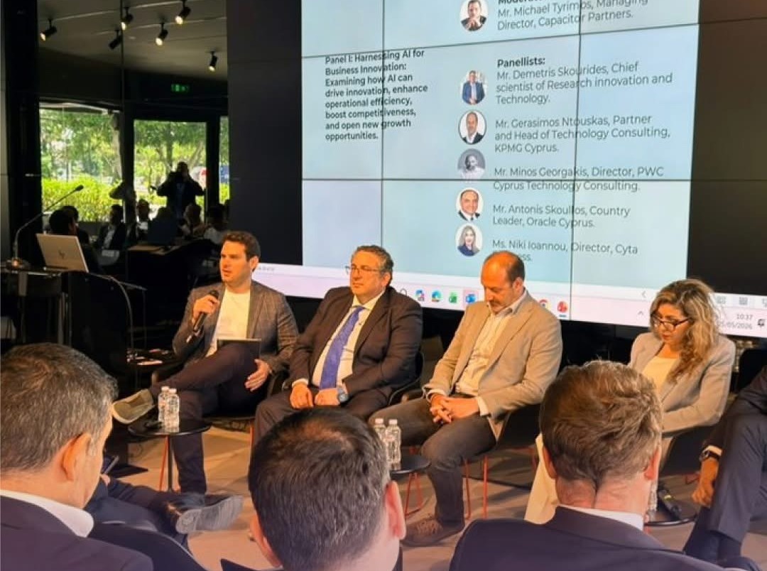 Michael Tyrimos moderating the Harnessing AI for Business Innovation panel at the AmCham Cyprus Executive Forum 2026