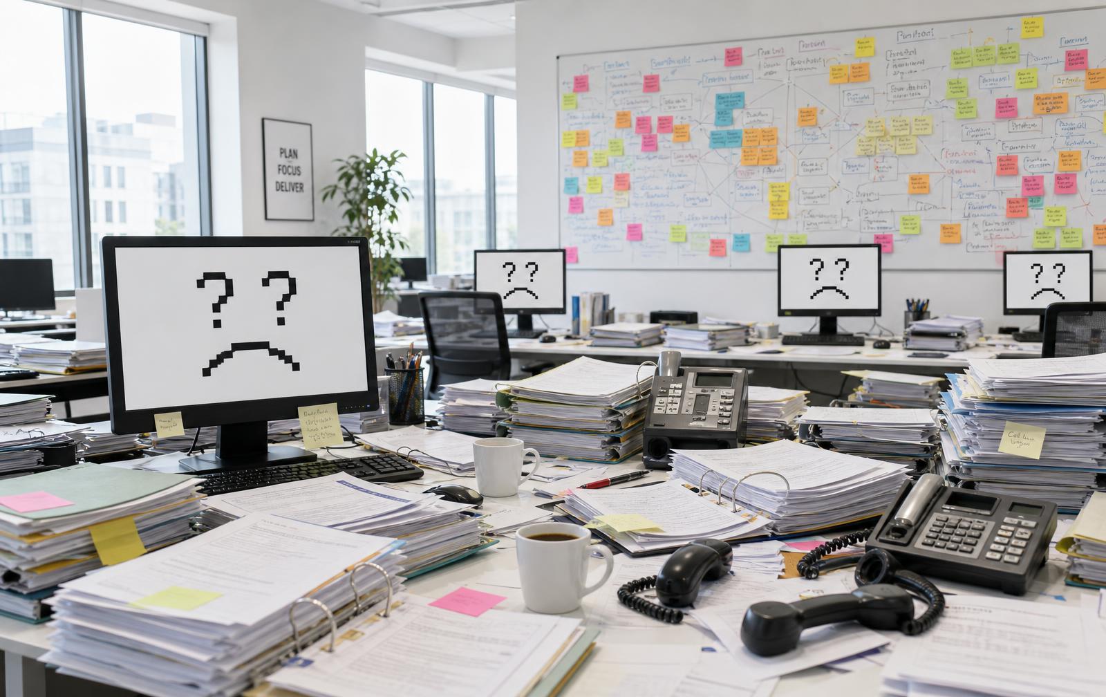 Open plan office buried in paper, a whiteboard covered in post-it notes and screens showing a pixel face with question mark eyes