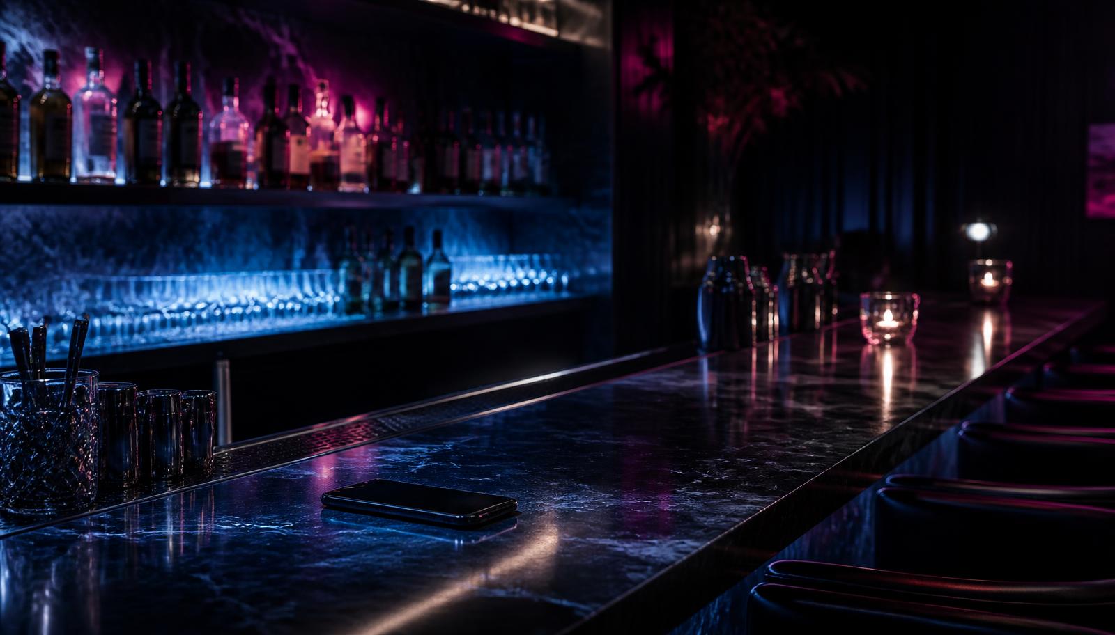 Backlit cocktail bar counter at night with a smartphone on the bar