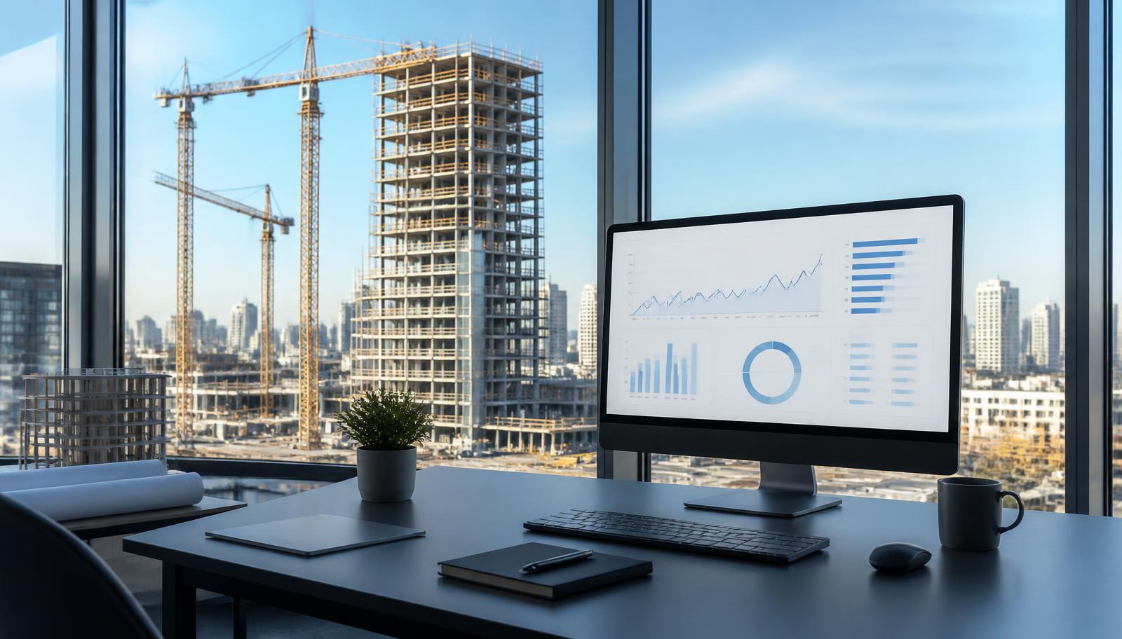 Daylight view of a construction development site from a modern office overlooking cranes and a high rise under construction