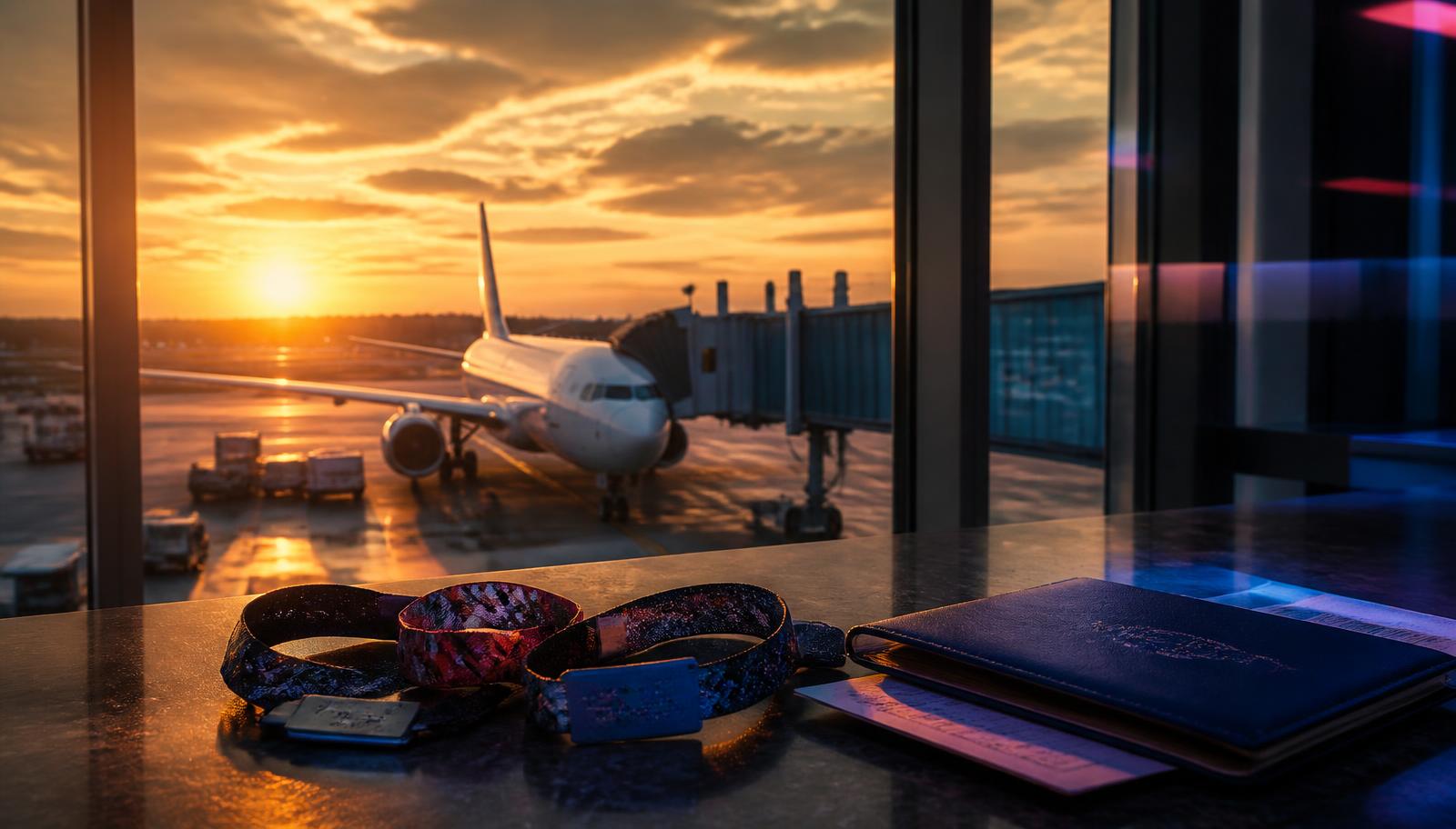 Departure gate at golden hour with travel documents and festival wristbands