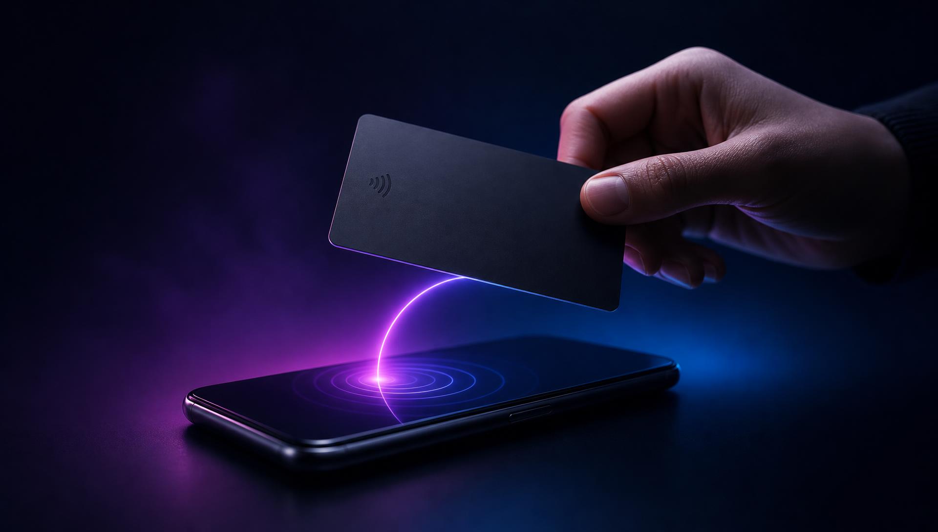 A contactless NFC business card tapped above a smartphone, transferring contact details instantly.